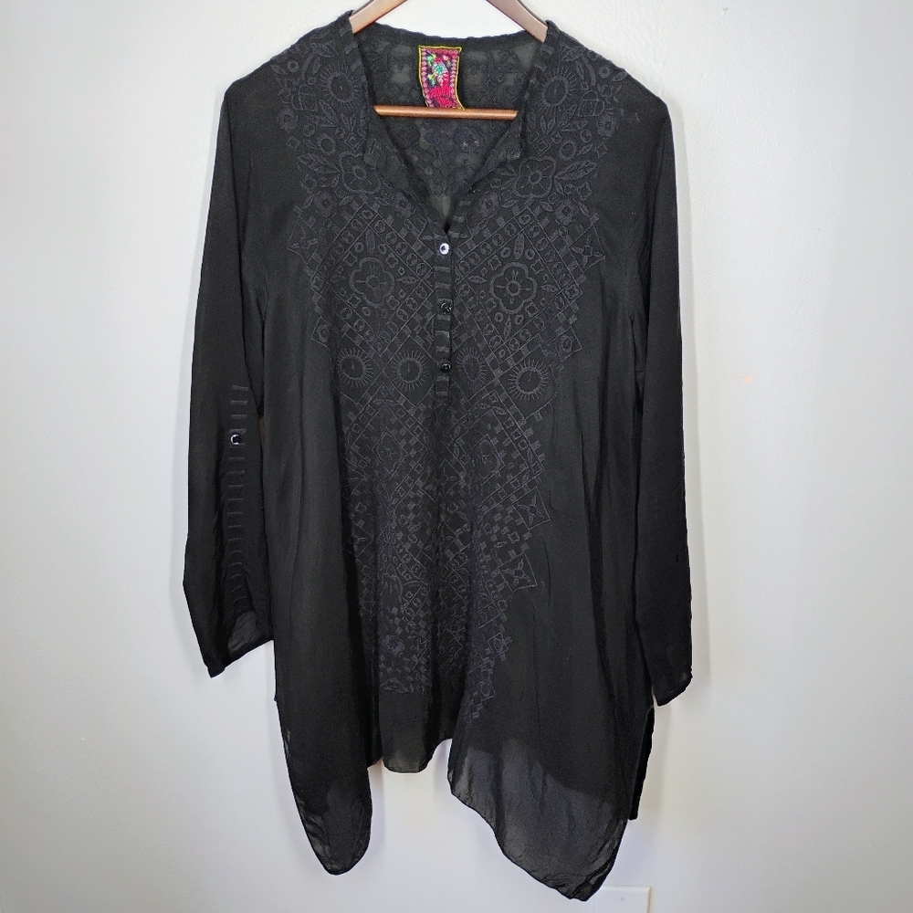 Johnny Was Rona Tunic Womens Small Black Sheer Embroidered Shark Bite Hem Boho - Picture 13 of 13